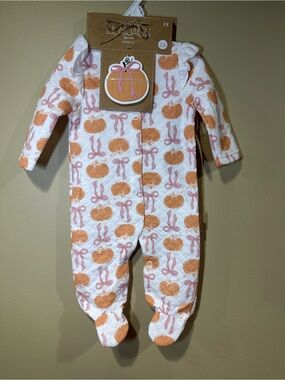 Lila & Jack White Quilted Footed One-Piece with Orange Pumpkin & Pink Bow